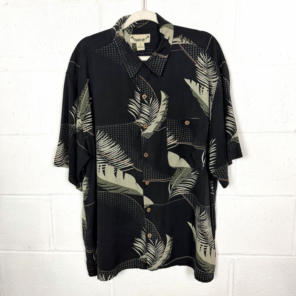 Paradise Coves Men's 100% Silk Shirt Black Leaves Tropical Resort Beach Party 2X